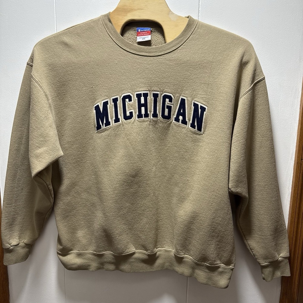 Vintage Champion Michigan Football Crewneck Sweatshirt Beige Embroidered‎ 2XL